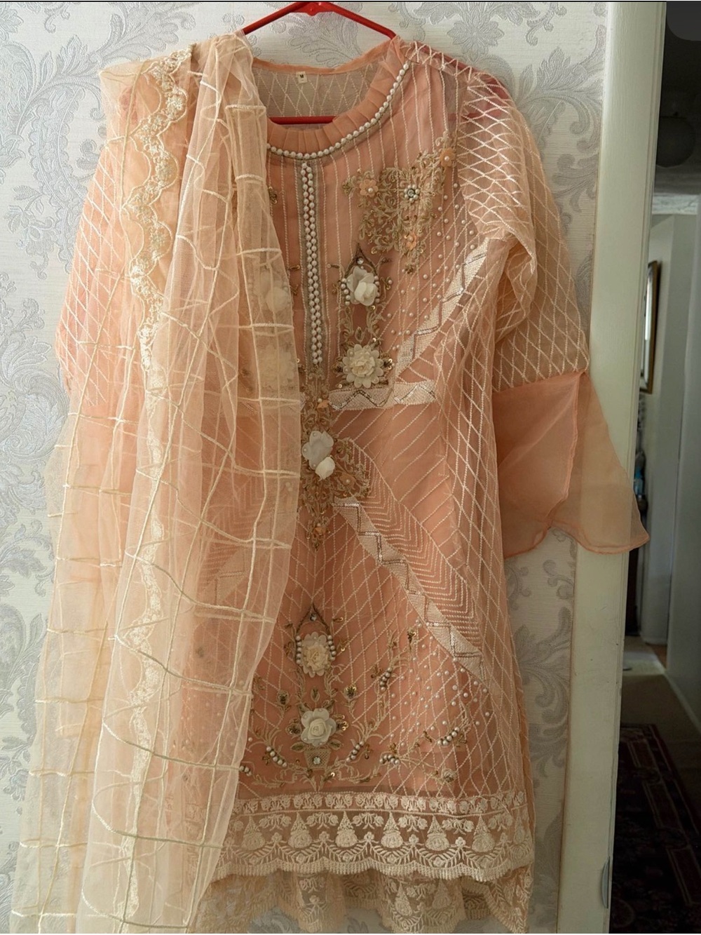 Embroidered Peach Party Pakistani dress  with Dupatta